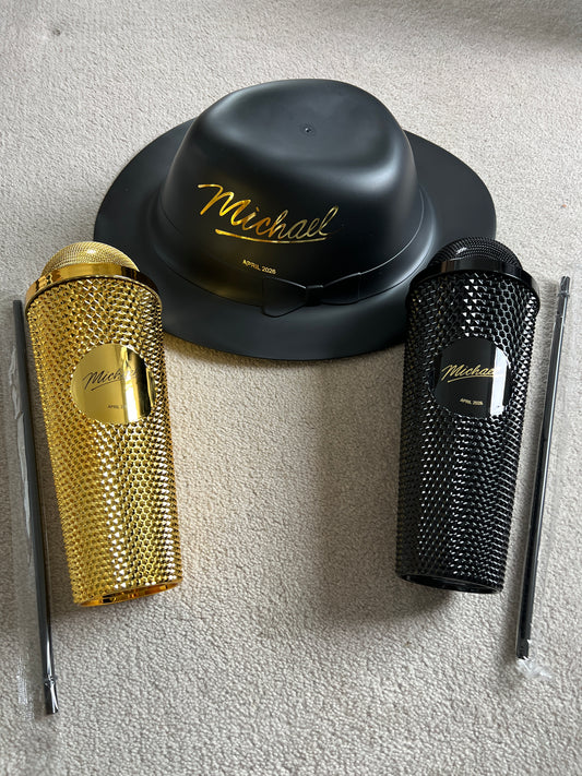 FULL SET Michael Jackson Movie Popcorn Fedora Hat Bucket & Gold and Black Cup